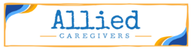 White logo with Allied Caregivers in Blue and a gold frame around the box